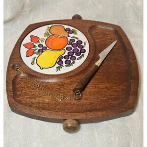 Vintage Gail Craft 70's Wood Cutting Board/Serving/Cheese Tray Attached Knife